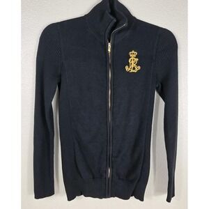 Lauren Ralph Lauren Black Full Zip Cotton Knit Sweater Gold Crest Logo XS